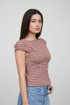 PLAID BUTTON DOWN PUFF SLEEVE CONTOURED WAIST TOP