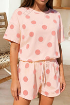 Polka Dot Print Tee and Drawstring Shorts Set (S-XL)