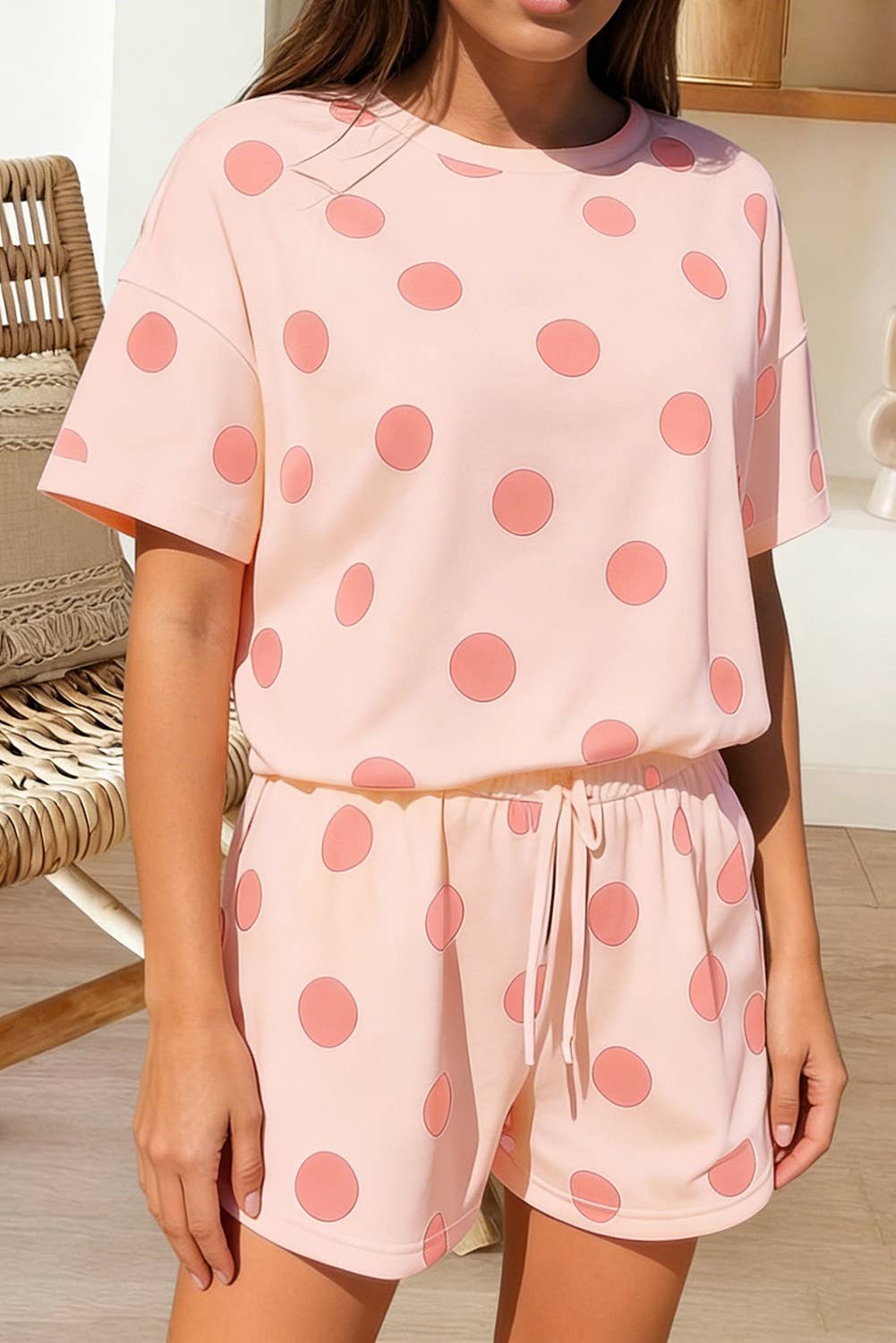 Polka Dot Print Tee and Drawstring Shorts Set (S-XL)