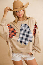 OVERSIZED PLAID GHOST APPLIQUE HALLOWEEN SWEATSHIRT
