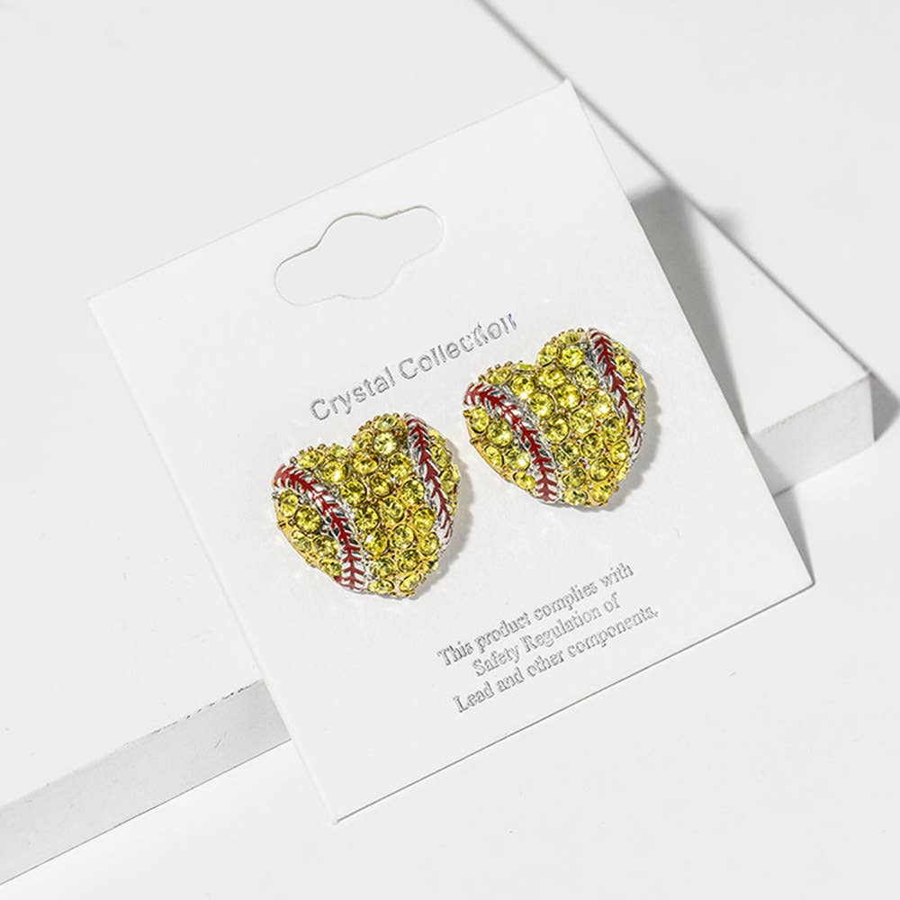 Softball Crystal Pave Heart Stud Earrings