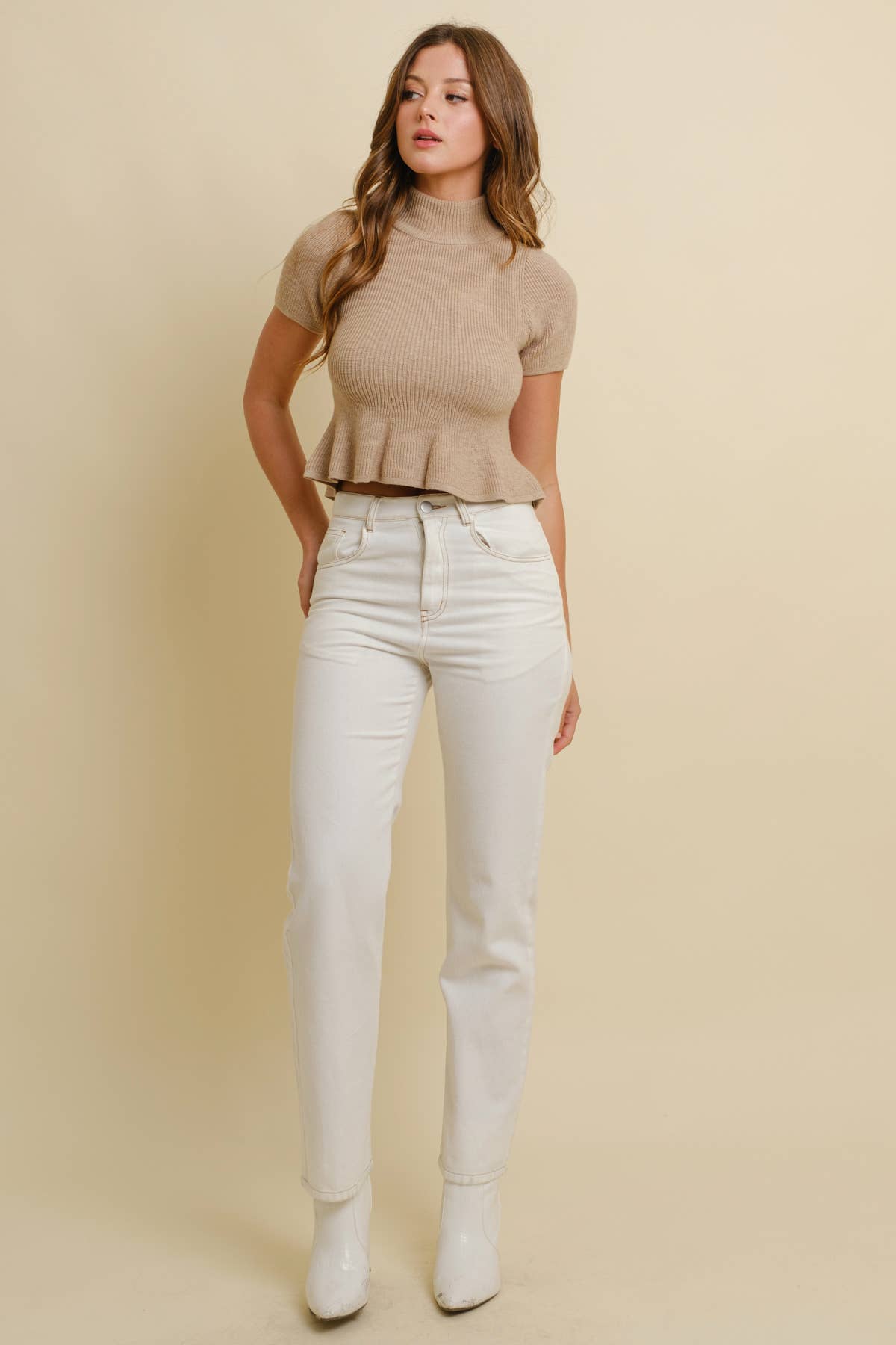 CSW17871 - MOCK NECK RIBBED RUFFLED SHORT SLEEVE SWEATER