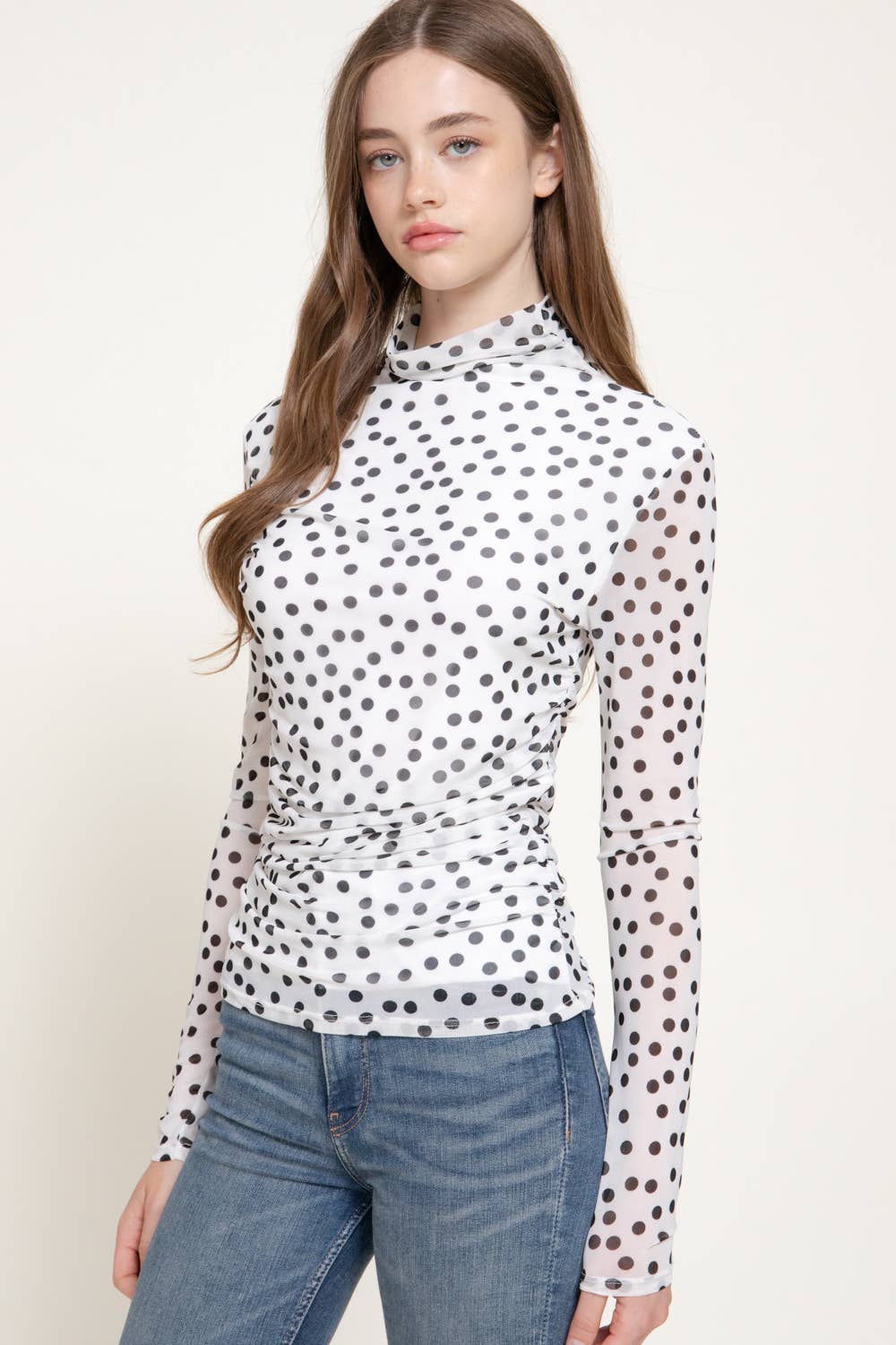 Long Sleeve High Neck Ruched Dot Print Mesh Top