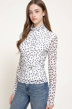 Long Sleeve High Neck Ruched Dot Print Mesh Top