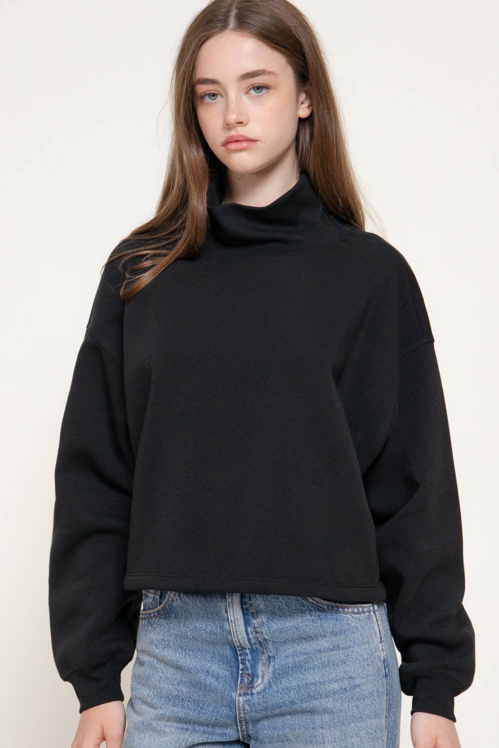 Long Sleeve Ribbed Mock Neck Inner Brushed Sweatshirt