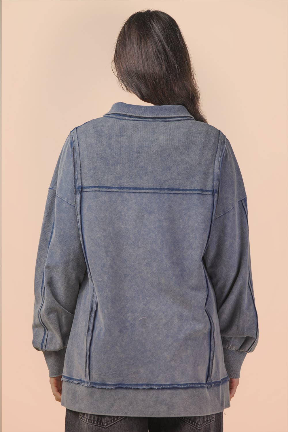 NT12365-Half Button Down Oversized Contrast Knit Top