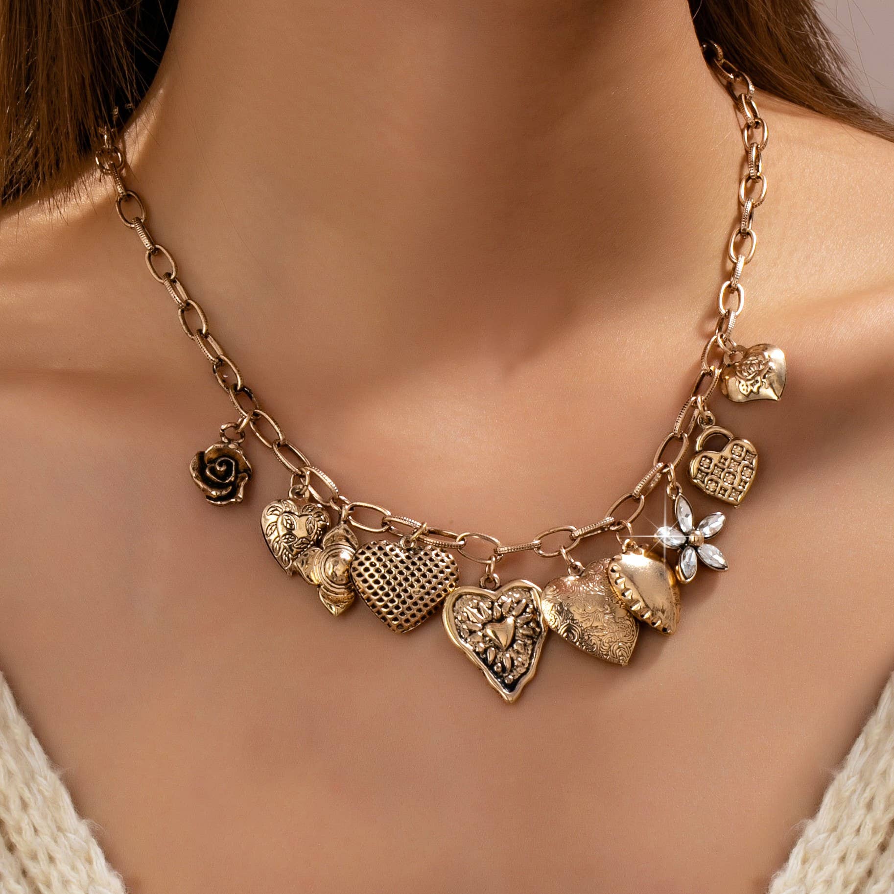 Vintage Gold-Tone Heart Charm Cluster Necklace | 80N92793
