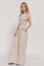 0224 Woven Off Shoulder Top & Pants Set SI-29533