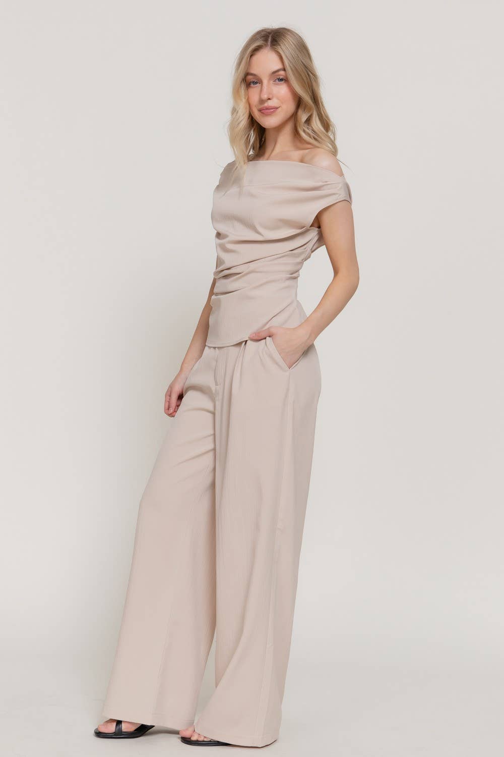 0224 Woven Off Shoulder Top & Pants Set SI-29533