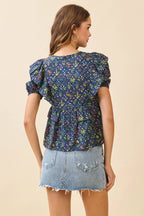 CT9658-Floral Print Front Keyhole Layered Peplum Hem Top