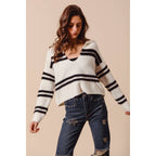 FUZZY HAIRY STRIPE DEEP U NECK SWEATER TOP