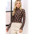 MESH STRAWBERRY PRINT HIGH NECKLINE CROP TOP