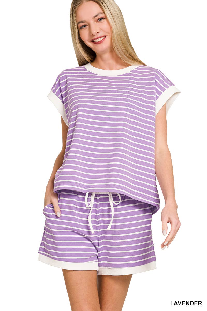 Stripe Contrast Trim Top & Shorts Set