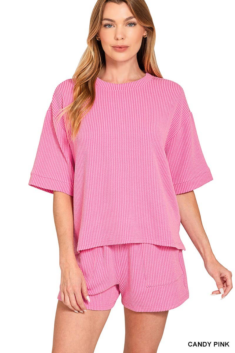 Corded Rib Short Sleeve Tee And Short Pants Set