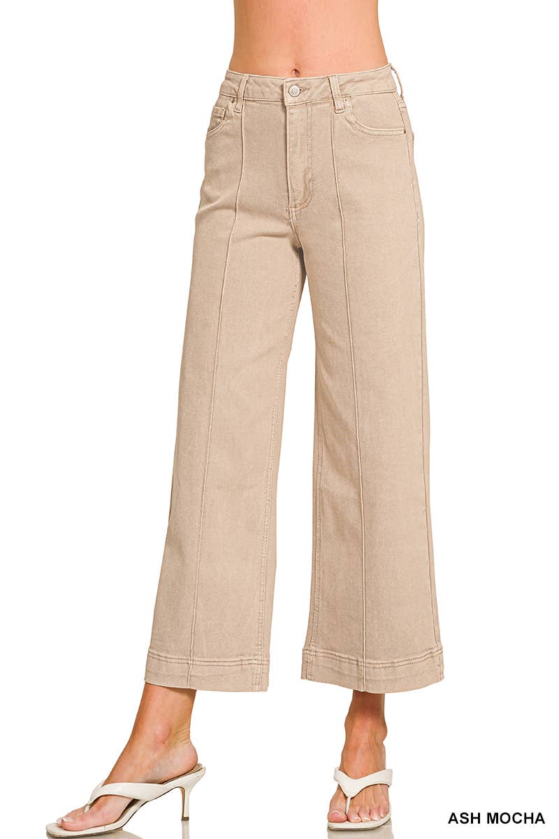 High Rise Wide Leg Pintuck Color Denim Pants