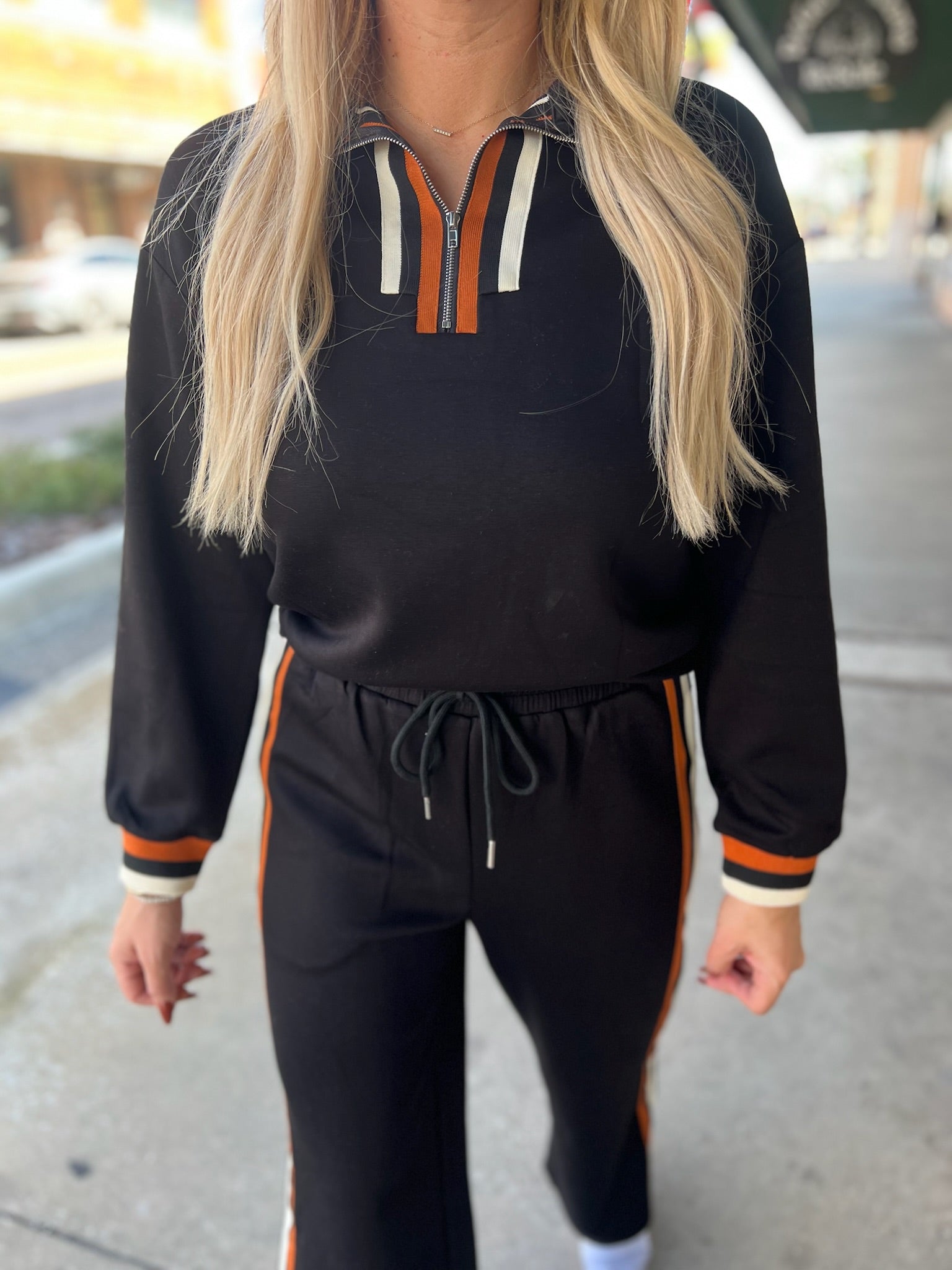 Striped Trim Zip Collared Pullover + Pants Set