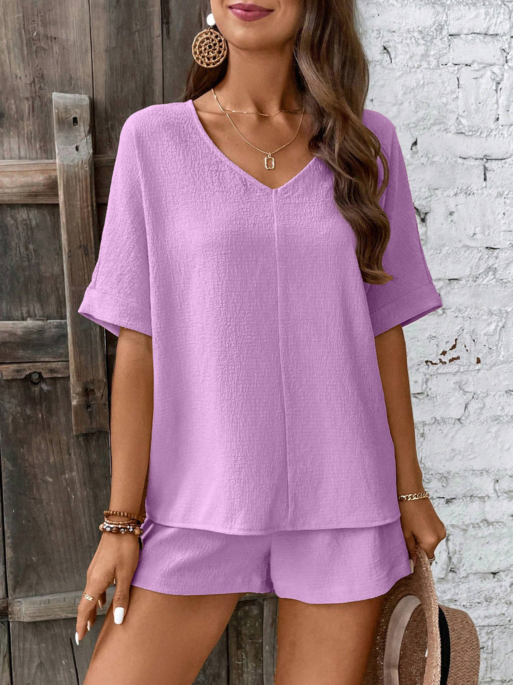 Short Sleeved Collar Bat Sleeve Shirt And Shorts Set