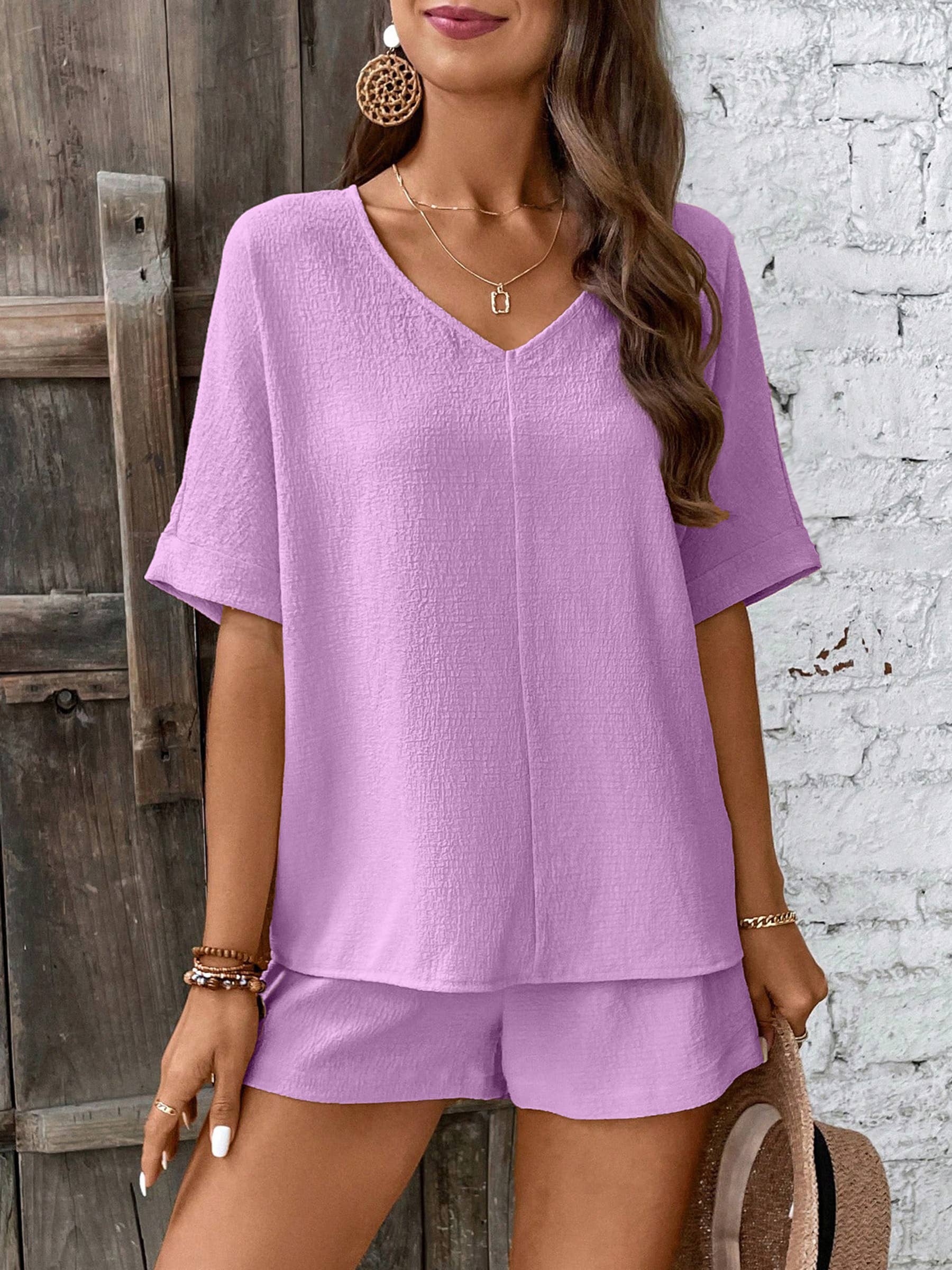 Short Sleeved Collar Bat Sleeve Shirt And Shorts Set