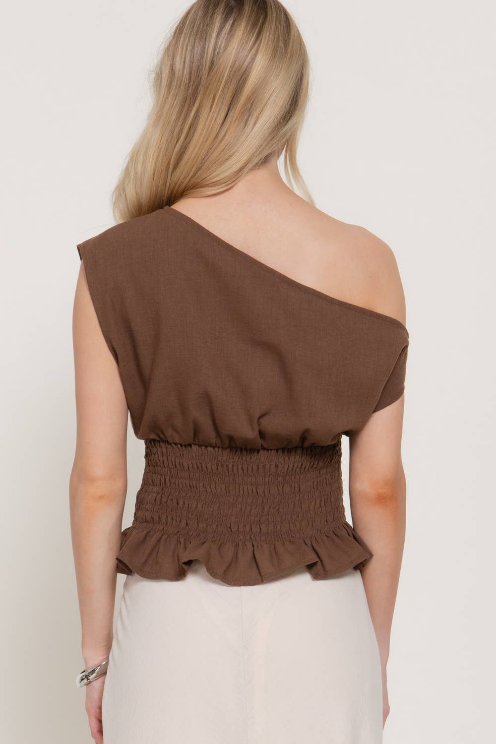 Asymmetrical Off The Shoulder Smocking Linen Effect Top
