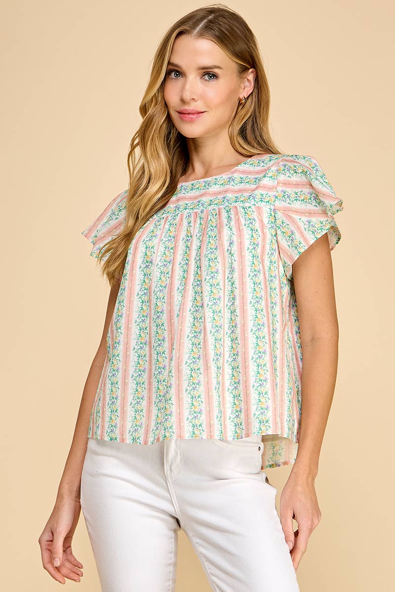 CT8860-Floral Striped Round Neck Ruffle Sleeves Top