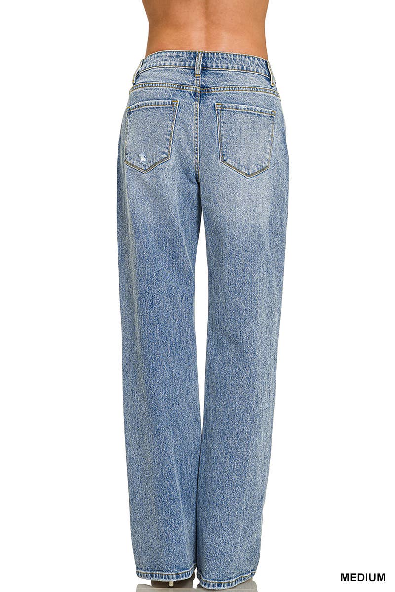 Medium Washed Straight Stretch Denim Pants Zenana