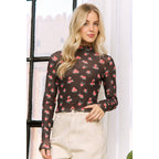 MESH STRAWBERRY PRINT HIGH NECKLINE CROP TOP