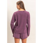 Mineral Wash Long Sleeve Raw Edge Top & Shorts Set