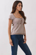 JT57348S - STRIPE SQUARE NK HENLEY BABYDOLL TEE
