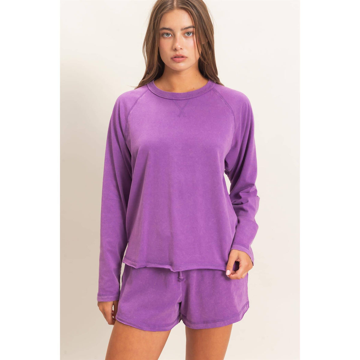 Mineral Wash Long Sleeve Raw Edge Top & Shorts Set