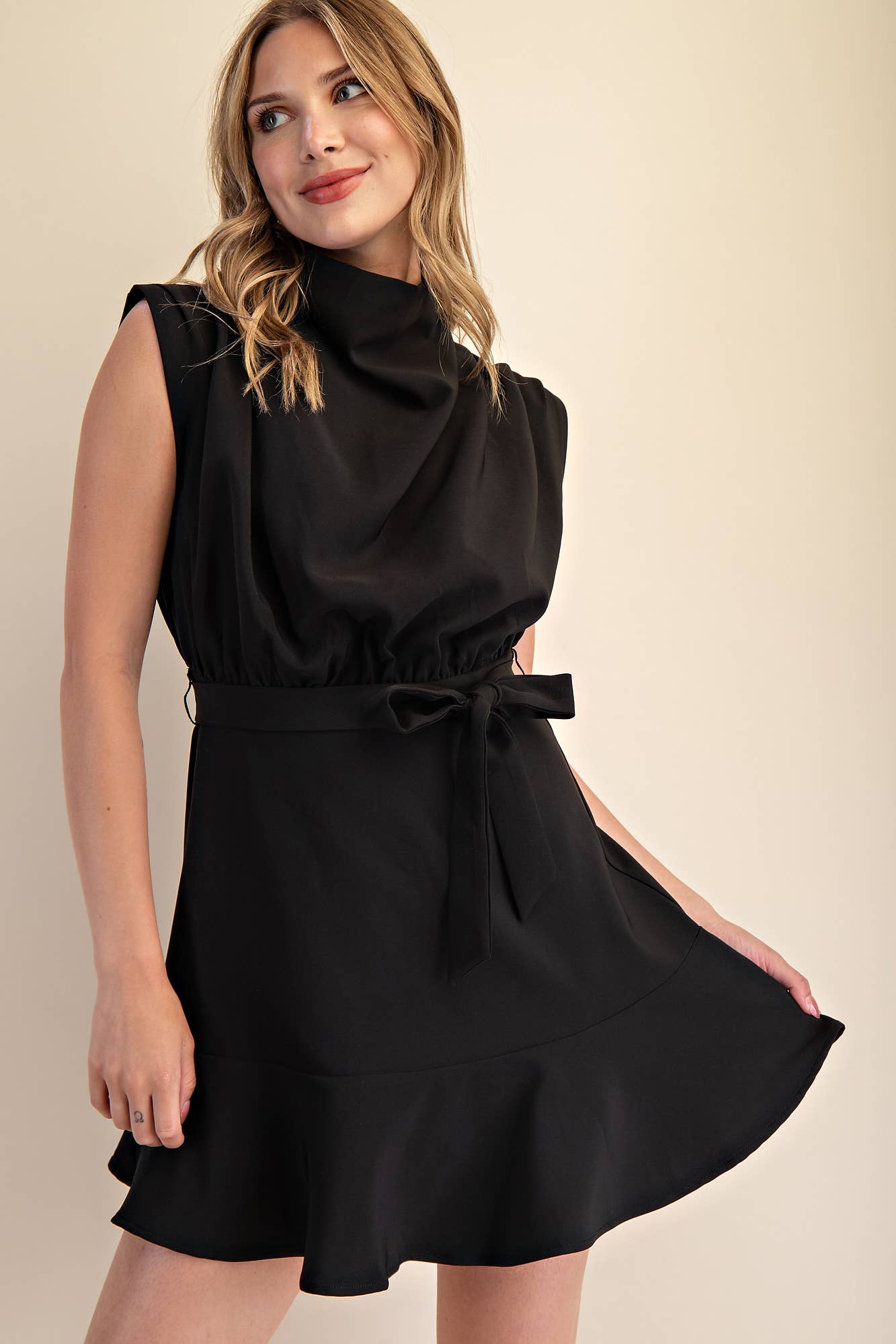 Cowl Neck Sleeveless Waist Tie Mini Dress