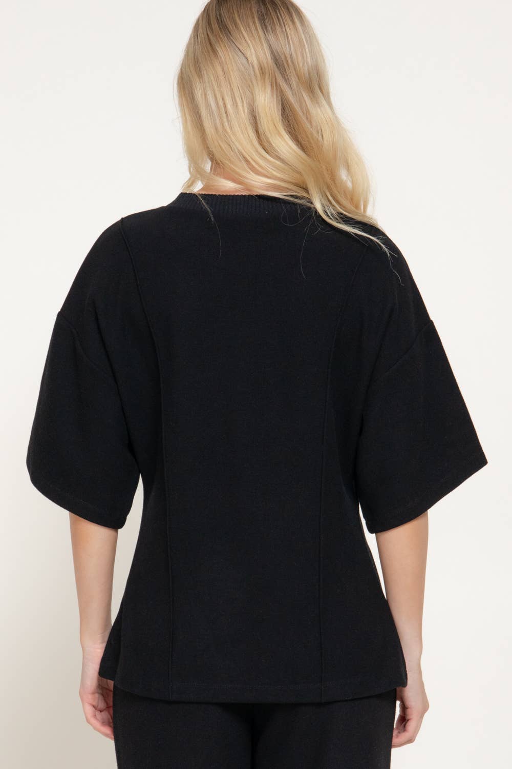 Elbow Sleeve Round Neck Brushed Knit Top with Flared Hem