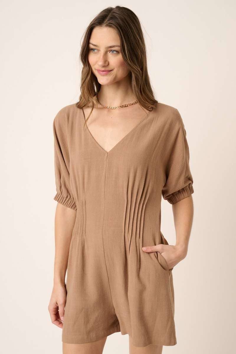 PINTUCK DETAIL V NECK SHORT SLEEVE ROMPER