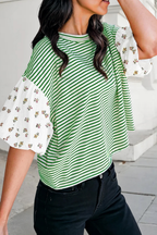 Stripe Floral Puff Sleeve Round Neck Top | S-XL
