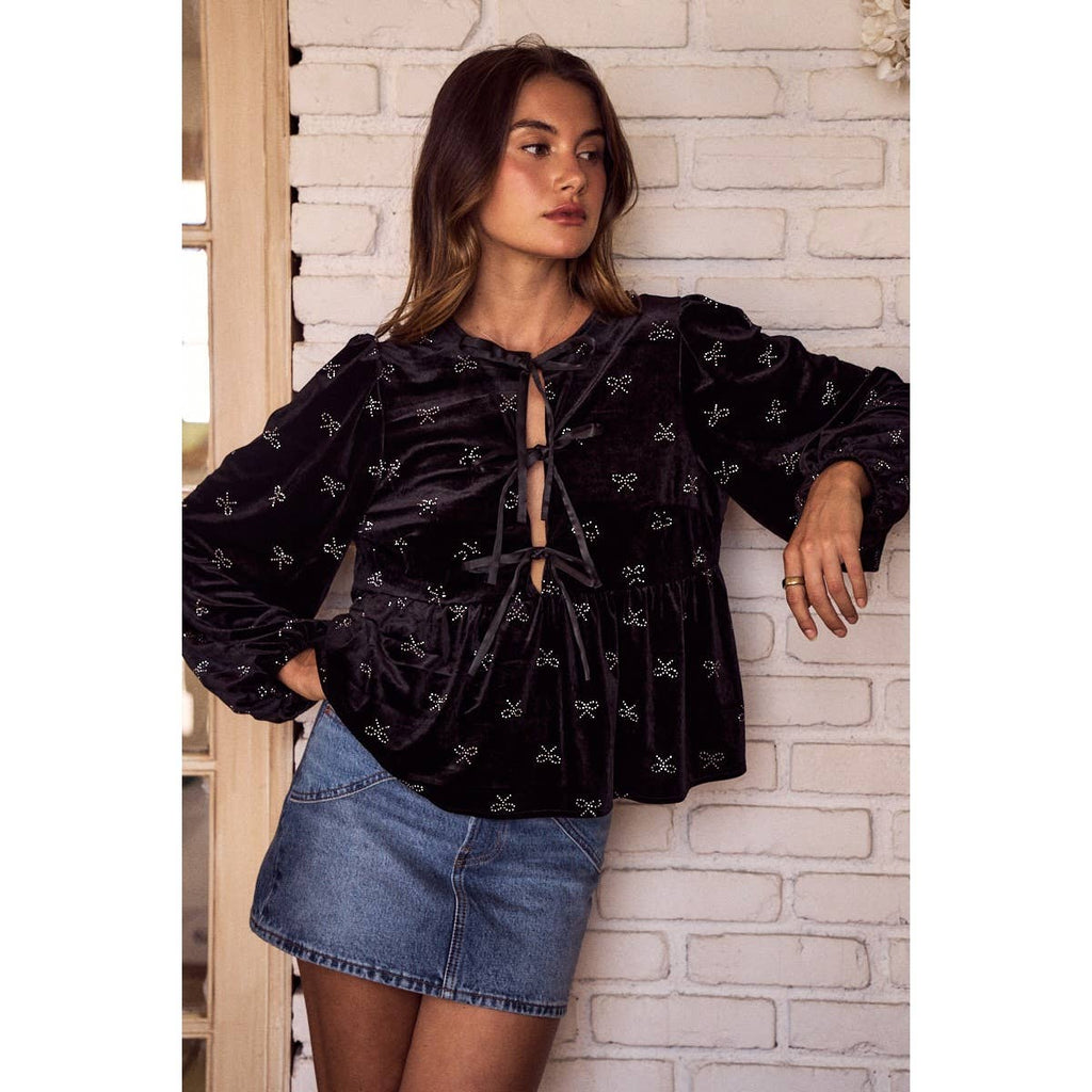 HOLIDAY CHRISTMAS RIBBON EMBELLISHED VELVET TOP