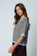 STRIPE CONTRAST TRIM SHORT SLEEVE KNIT SWEATER