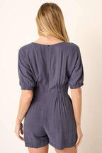 PINTUCK DETAIL V NECK SHORT SLEEVE ROMPER