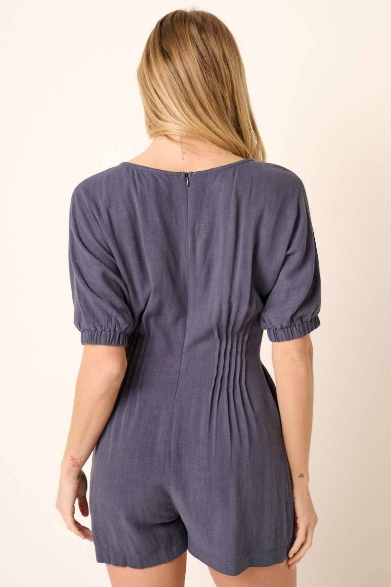 PINTUCK DETAIL V NECK SHORT SLEEVE ROMPER