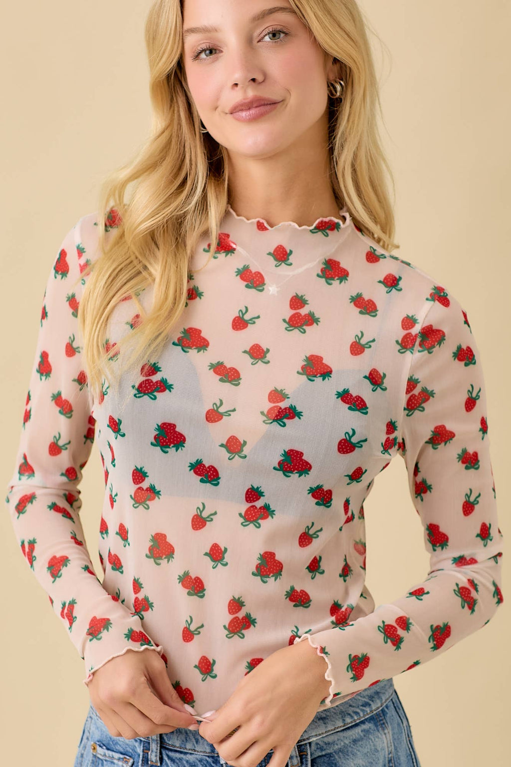 Strawberry Bow Print Long Sleeve Mesh Top