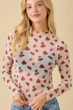 Strawberry Bow Print Long Sleeve Mesh Top