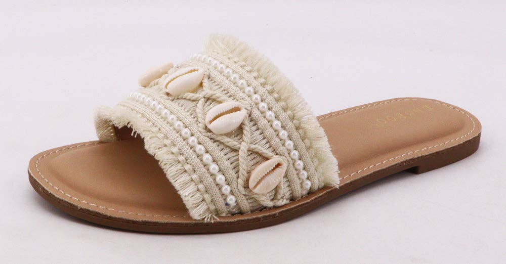 Bamboo Shell and Pearl Embellished Flat Sandals