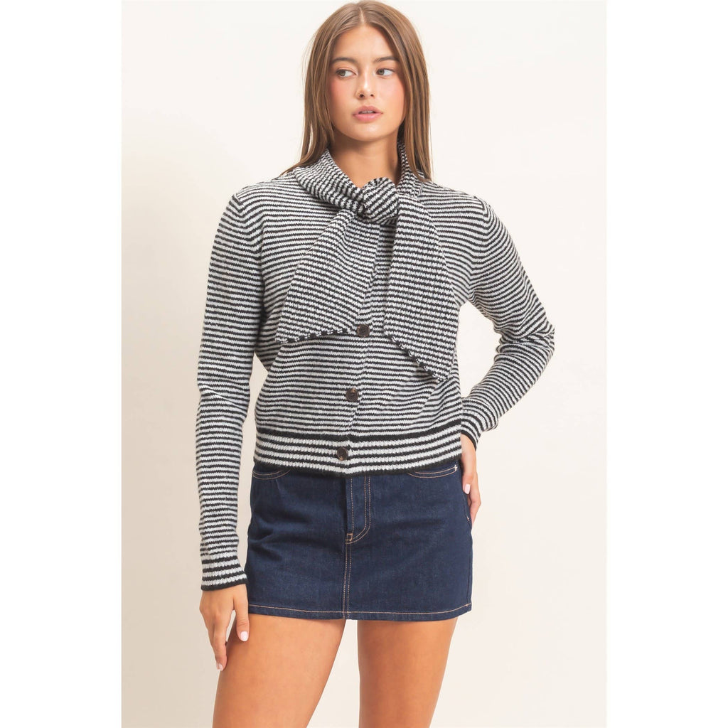 Striped Cardigan With Scarf