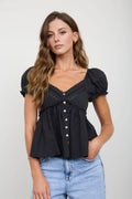 V NECK LADDER LACE PUFF SLEEVE BUTTON DOWN TOP