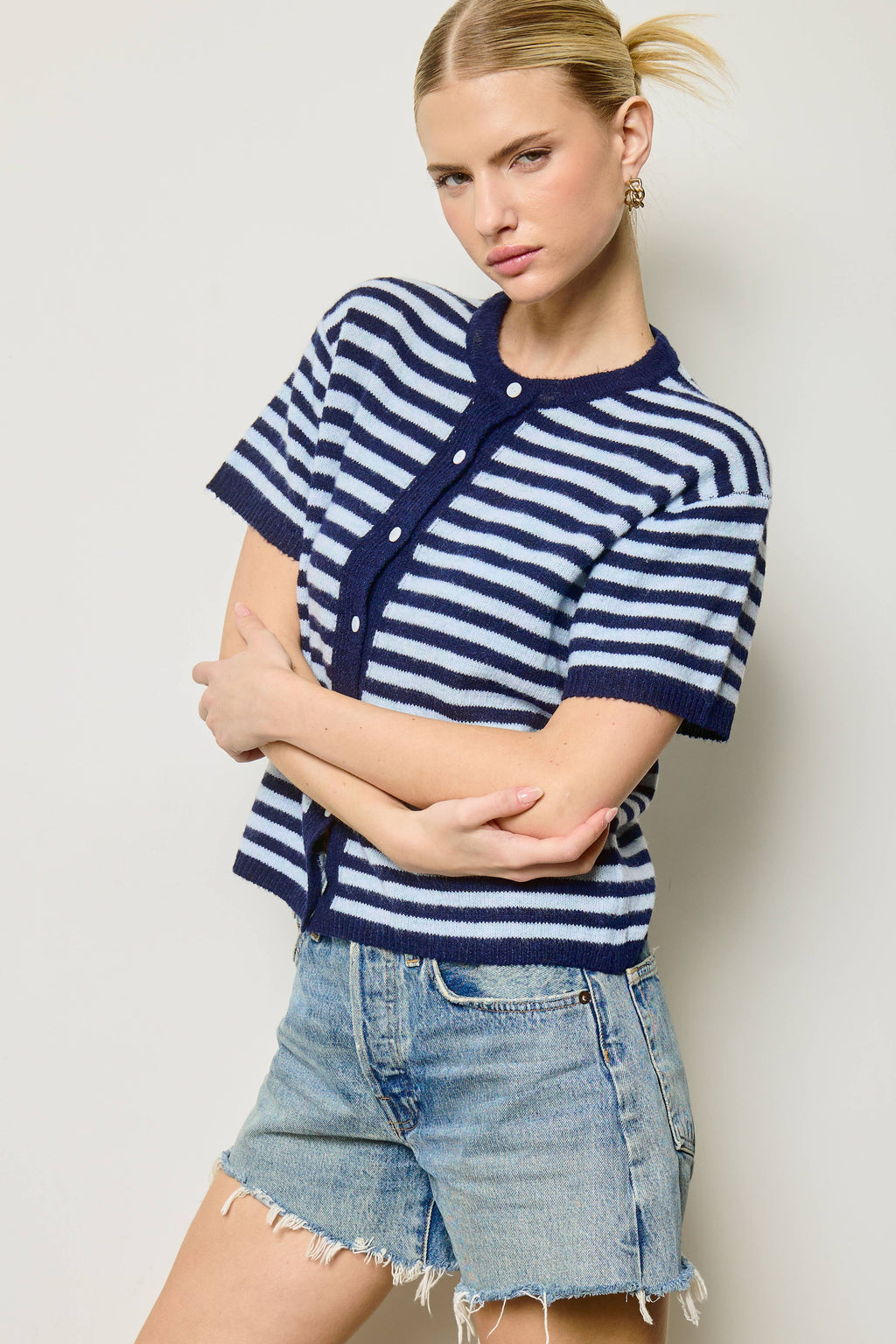 Striped Short Sleeve Knit Cardigan