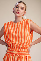 Stripe Top With Padded Shoulder and Elastic Waist