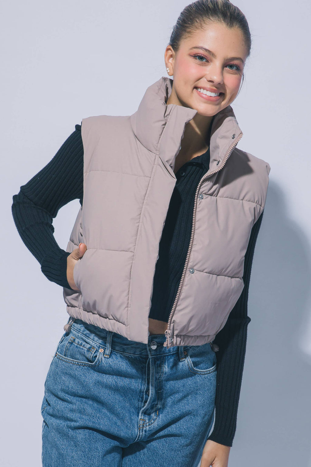 PU Cropped Puffer Vest With Pockets