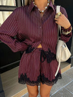 Striped Button Down Shirt & Lace Trim High Waist Shorts Set
