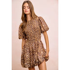 LEOPARD BOW TIE ATTACHABLE PUFF SLEEVES DRESS