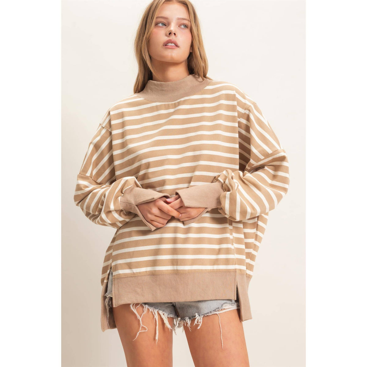 Striped Mock Neck Sweatshirt