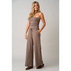STRIPED PRINT SMOCKED BACK TUBE TOP AND PANTS SET