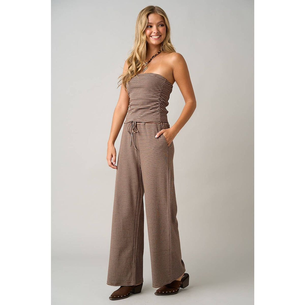 STRIPED PRINT SMOCKED BACK TUBE TOP AND PANTS SET